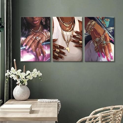 NCYEL 3Pcs Black Girls Wall Art African American Fashion Canvas Print Luxury Shiny Picture Gold Jewelry Decorative Prints Posters Bedroom Living Room Salon Artwork 12X16Inch thumbnail 2