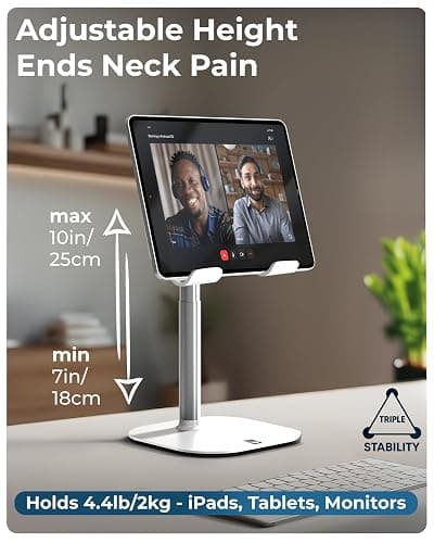 COOPER TabHolder, 7-10" Height Adjustable Tablet Stand, Premium iPad Stand for Desk, 270° Tilt iPad Holder, Kindle Holder, 15.6-17" Portable Monitor Support (White) thumbnail 2