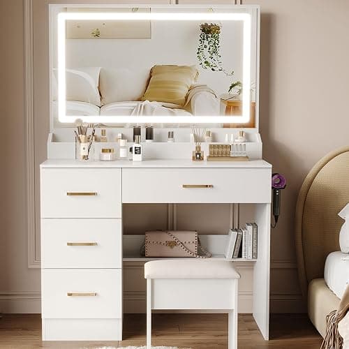 Dressing Table with Mirror and Stool: Vanity Desk with Mirror and Drawers - Makeup Desk with 4 Drawers, Wooden White Bedroom Dressing Table with LED Lights, Brightness Adjustable, 3 Open Storage Areas - Image 1