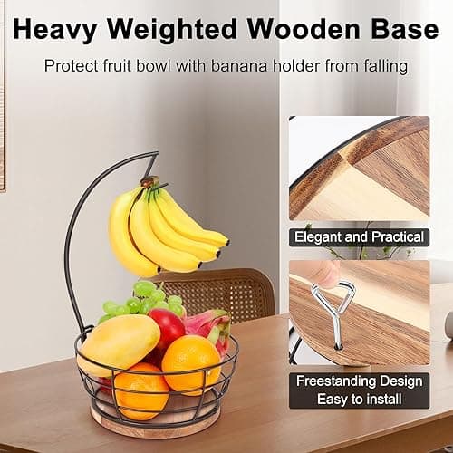 Livabber Countertop Fruit Basket Bowl with Banana Hanger, Modern Standing Fruit Vegetable Bowl Storage, with Banana Tree Holder for Kitchen Dinning Table (Round Wood, Black) thumbnail 6