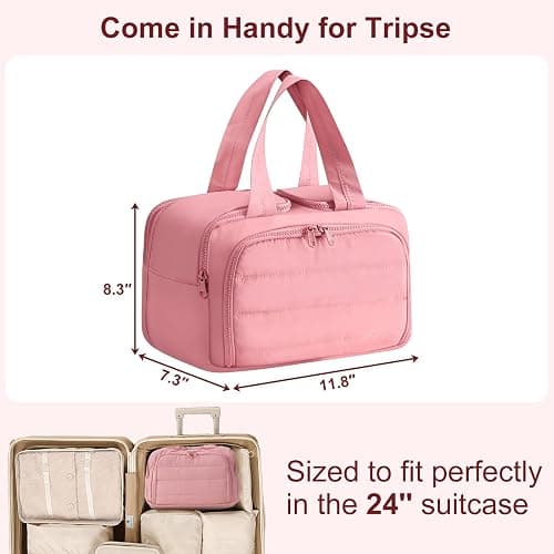 XWFB Travel Toiletry Bag Duffel - Water Resistant, Wide-open Large Lightweight Makeup Bag for Women with Handle & Wet Pocket, Puffy Organizer for Toiletries,Dark Pink thumbnail 7