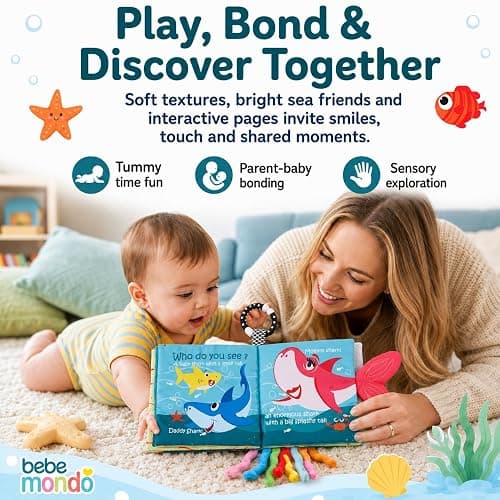 Fish Baby Books Toys, Touch Feel Cloth Crinkle Books for Babies,Baby Infant Toys 0-6, 6-12,12-18 Months,Newborn,Early Learning Education, Baby Gifts Shower for Boys Girls,Teething, Mirror,Shark Ocean thumbnail 2