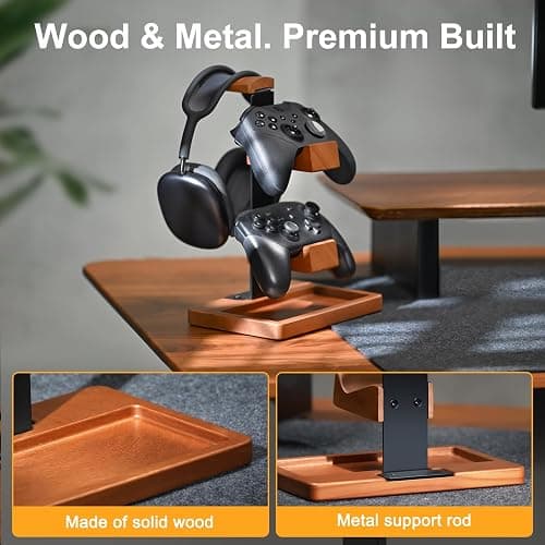 HUMANCOZY Solid Wood Controller Holder and Headphone Stand, Gaming Controller Stand for Desk, Dual Controller Organizer Rack, Fits Xbox, PS4, PS5, Gamepad, Headset Holder for Son, Husband, Boyfriend thumbnail 3