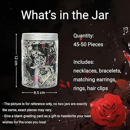 Swytaris 45-50 pcs Mystery Jewelry Jar, Surprise Gothic Jewelry Set for Woman, includes Gothic Punk Witch Necklaces, Earrings, Rings, Bracelets and Hair Clips, Unique Goth Jewelry Box Gift for Her thumbnail 2