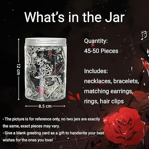 Swytaris 45-50 pcs Mystery Jewelry Jar, Surprise Gothic Jewelry Set for Woman, includes Gothic Punk Witch Necklaces, Earrings, Rings, Bracelets and Hair Clips, Unique Goth Jewelry Box Gift for Her thumbnail 3