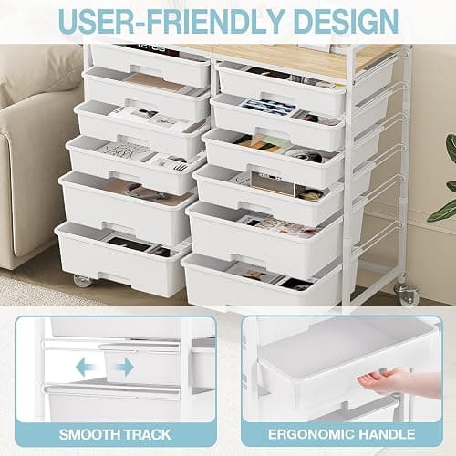 Rolling Storage Cart with 12 Drawers, Wooden Tabletop Utility Cart for Craft Storage, Art Supply Storage & Home Office Organization, Teacher Cart with Wheels for Classroom, School (White) thumbnail 5