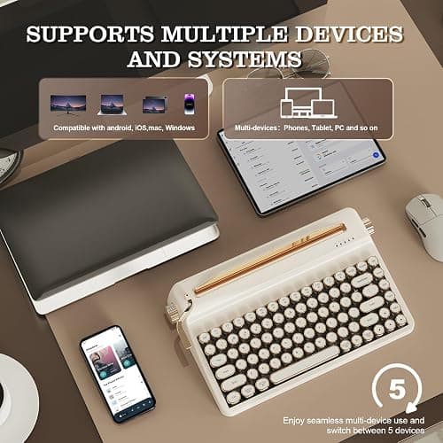 YUNZII QL75 Wireless Typewriter Hot Swap Retro Mechanical Keyboard,Punk Round Keycaps,RGB Backlit QMK/VIA Programmable, Multi-Device Keyboard with 2.4GHz/Type-C/BT5.0 (White, Cocoa Cream V2 Switch) thumbnail 4