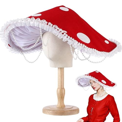 Croloose Mushroom Hat Renaissance Medieval Costume Cosplay Halloween Victorian Fairy Accessories with Bead Lace Brim Cap - Image 1