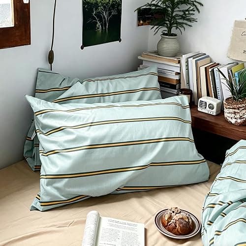 mixinni Retro Mint Blue Striped Duvet Cover Set - 100% Natural Cotton 3-Piece Vintage Stripes Pattern Printed Bedding Set, Soft Breathable Comforter Cover with Zipper Closure & Corner Ties, Full Size thumbnail 7