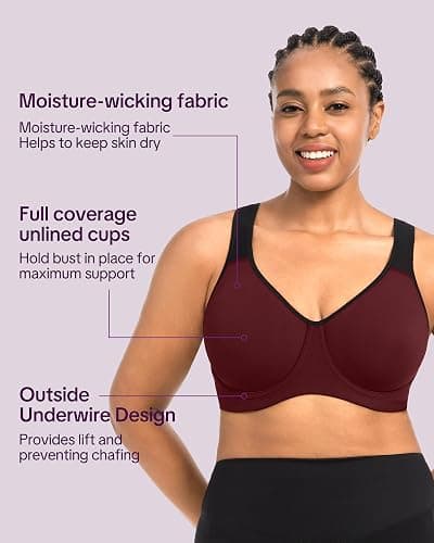 HSIA High Support Sports Bra for Women Full Coverage Unlined Large Bust Bra | Outside Underwire, High Impact Lift, Wider Mesh Racerback, Adjustable Straps, for Running, HIIT & Sports, 2 Nipple Covers thumbnail 3