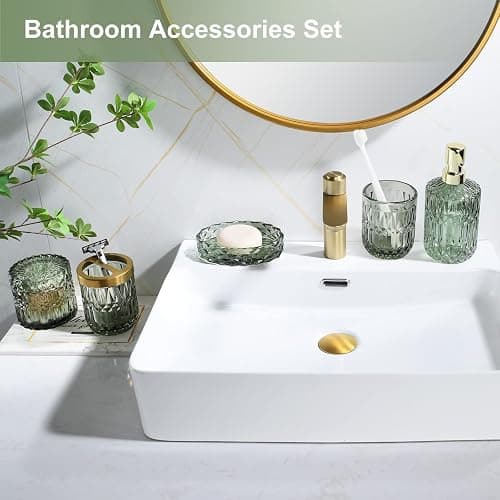 LaMarriti Green Bathroom Accessories Set, 5Pcs Clear Glass Bathroom Set Accessories, Soap Dispenser, Soap Dish, Toothbrush Holder Set, Tumbler, Qtips Holder for Vintage Crystal Bath Decor thumbnail 5