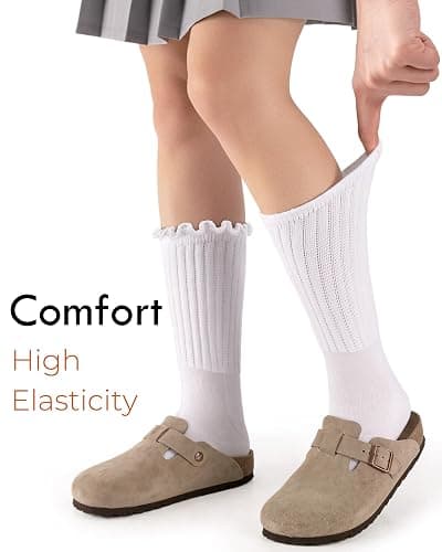 HONGTEYA Ruffle Socks for Women Cotton Slouchy Crew Socks for Boot Sneakers Mid Calf Frilly Size 5-11 thumbnail 3