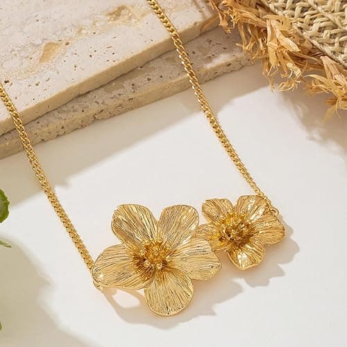 ONBRIG Flower Necklaces for Women Gold Statement Necklace Dainty Floral Pendant Necklaces for Women Hibiscus Flower Necklace Hibiscus Jewelry thumbnail 5