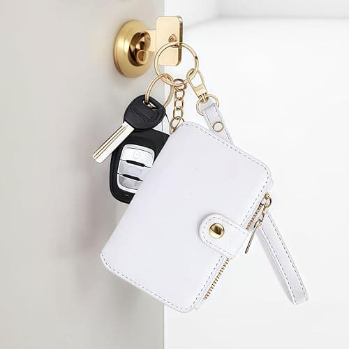 M-Plateau Wallet, Womens card Holder Leather Keychain Wallet With Zipper Coin Pocket ID Window Wrist Strap Gift Box (White) thumbnail 2