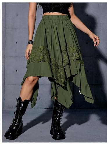 Verdusa Women's Renaissance Flowy Fairy Skirt Y2k Contrast Lace Layered Asymmetrical Midi Skirts thumbnail 4