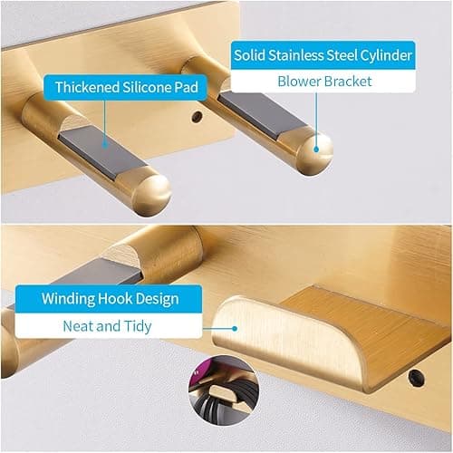 Self Adhesive Organizer Hair Dryer Holder Wall Mounted Compatible with Dyson Blow Dryer Gold Banjekt - Gold - Stainless Steel thumbnail 3