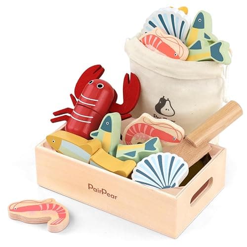 PairPear Wooden Toy Play Food Cutting Seafood Set for Kids Kitchen | Toddlers Wooden Toy Food Pretend Play Kitchen Accessories, Cutting Food Cooking Toys Gift for Boys Girls 3 4 5 + - Image 1