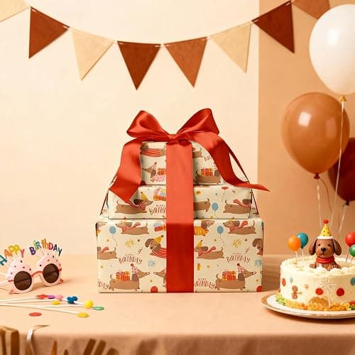 Dtiafu Dog Birthday Wrapping Paper Roll - Dachshund Dog Balloon and Happy Birthday Text Design for Kids Boys Girls Birthday Dogs Lover Party Total 28.5 sq.ft thumbnail 6