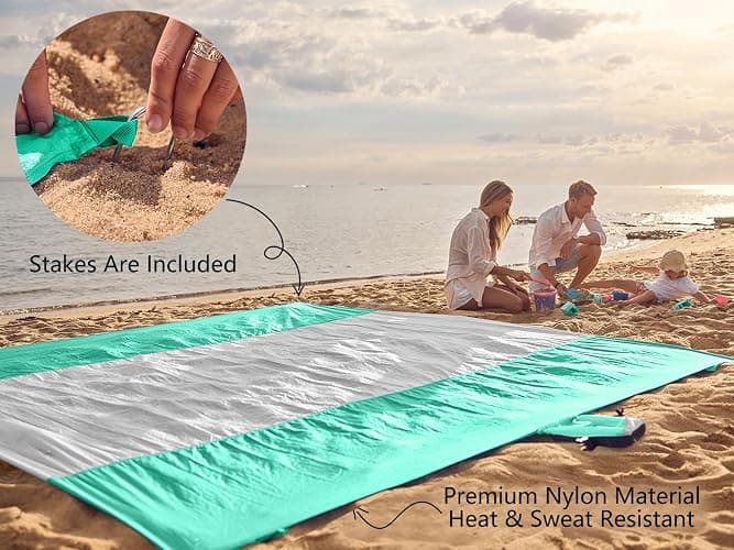 WEKAPO Beach Blanket Sandproof Waterproof, Extra Large Beach Mat, Oversized & Compact Sand Free Mat Quick Drying, Lightweight & Durable with Stakes & Corner Pockets thumbnail 6