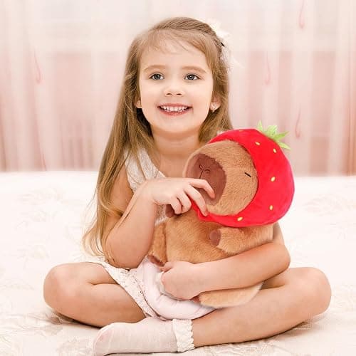 RichRabbit Cute Capybara Plush Capibara Stuffed Animal Plushies Toys Hugging Gifts for Kids Brown Plush Wear Strawberry Hat Soft 9 inch thumbnail 2