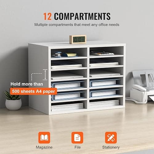 VEVOR Literature Organizers, 12 Compartments Office Mailbox with Adjustable Shelves, Wood Literature Sorter 20.4x12x16.1 inches for Office, Home, Classroom, Mailrooms Organization, EPA Certified White thumbnail 6