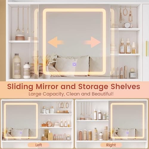 DICTAC Makeup Vanity Desk with Sliding LED Lighted Mirror, 47.2"W Large Vanity Desk with Drawers, Shelves and Side Storage, RGB Glass Cabinet, White Vanity Table Set with Charging Station for Bedroom thumbnail 7