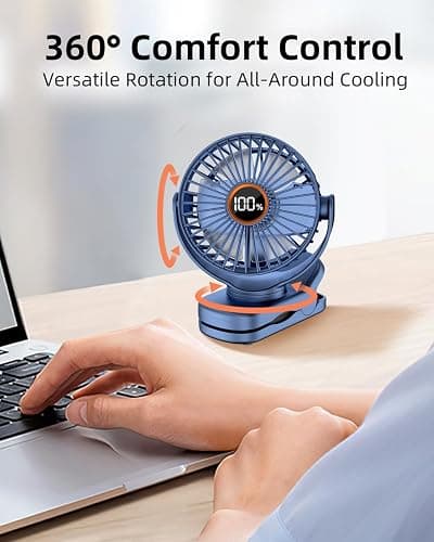 buywoo Portable Mini Personal Fan, Small Rechargeable Battery Powered Stroller Fan for Desk, Strong Clamp Grip, 360° Rotation, 3-Speed, LED Display, Clip On Cooler for Bed, Golf Cart, Office, Blue thumbnail 2