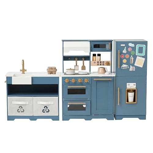 Teamson Kids Little Chef Atlanta Modular Wooden Play Kitchen, 3-Piece Pretend Set with 17 Accessories, Blue/White/Gold, Realistic Features for Toddlers & Kids, Cocina de Juguete Moderna - Image 1