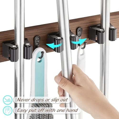 OUTNILI Mop and Broom Holder Wall Mount - Rustic Wood Broom Mop Hanger - Wall Mounted Garden Tool Rack Organizer for Closet Garage Laundry Room Kitchen Decor With 4 Slots & 4 Hooks thumbnail 4