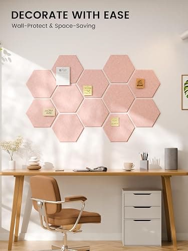 Fluxynara Hexagon Cork Board Alternative for Walls Decor-12-Pack Felt Bulletin Board Tiles,with 30 Pushpins,70 Adhesive Tabs for Office,Classrooms & Home Pin Board Felt Board-Pink thumbnail 4