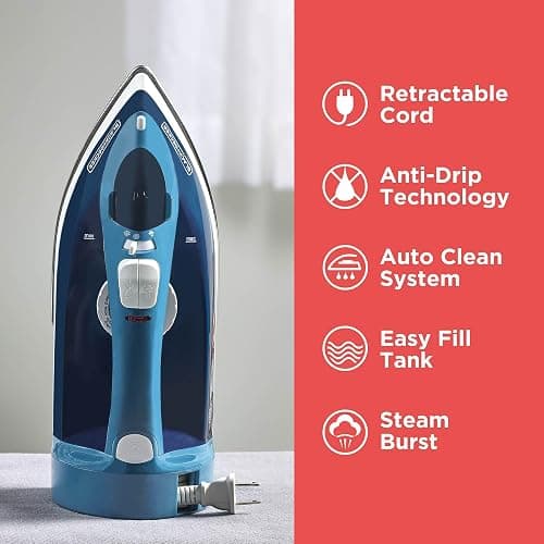 BLACK+DECKER Steam Iron for Clothes with Retractable Cord, Vertical Steaming, Anti-Drip Design, Spray Mist and Auto Clean Button, 1200W thumbnail 9