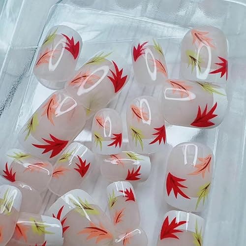 Fall Short Square French Tip Press on Nails with Leaves Design,Glossy Maple Leaf False Nails Glue on Nails,Autumn Winter Manicure Art Acrylic White Stick on Nails Fake Nail Tips for Women Thanksgiving thumbnail 2
