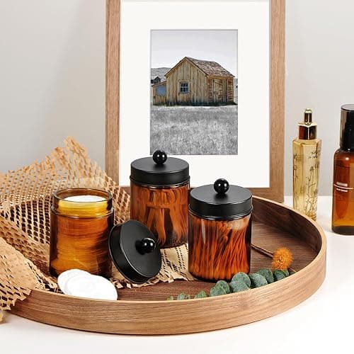 Amber Glass Qtip Holder, Apothecary Jar,Qtip Dispenser with Metal Lid & Stickers- 3Pack Containers,Vanity Canister Organizer Storage,Bathroom Accessories Set for Cotton Swab, Ball, Pad, Floss thumbnail 7