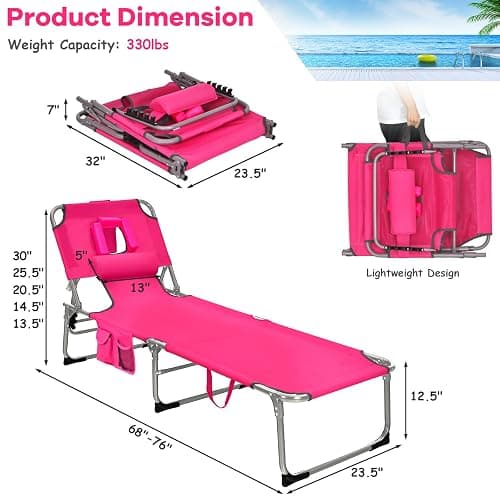 GYMAX Tanning Chair, Folding Beach Lounger with Face Arm Hole, Adjustable Backrest, Side Pocket, Pillow & Carry Handle, Outside Sunbathing Lounge Chair for Patio, Poolside, Lawn (1, Pink) thumbnail 3