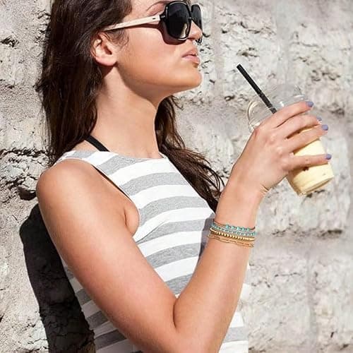 EQUBIO Gold Bracelets for Women Non Tarnish Waterproof | Dainty stackable beaded designs with mixed bead sizes and decorative accents for everyday layering, casual wear and gifting thumbnail 4