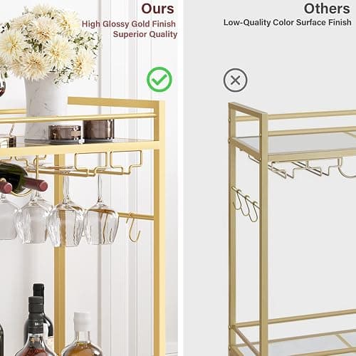 TUTOTAK Bar Cart, Serving Cart for Home, Drink Cart, Mobile Kitchen Shelf with Wine Rack and Glass Holder, Rolling Beverage Cart, Gold BC01BB031 thumbnail 7