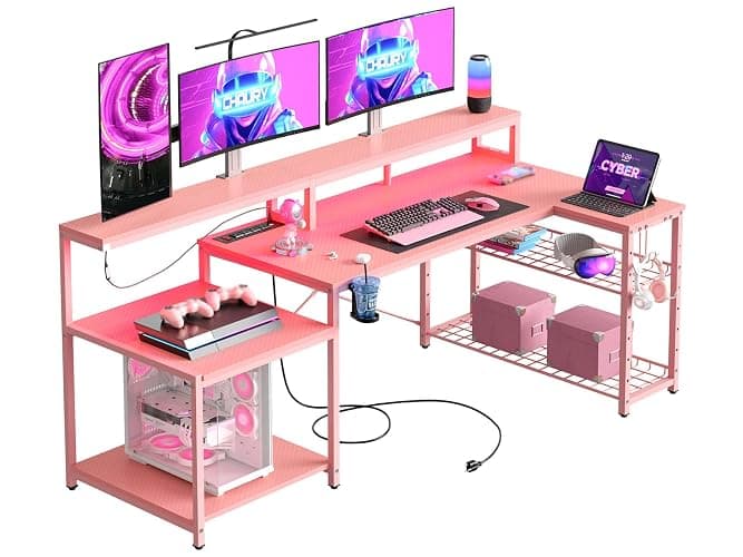 Bestier 71.5 inch Gaming Desk with Power Outlet, Large LED Computer Desk with Monitor Stand, L Shaped Desk with Storage Shelf, Cup Holder & Headset Hooks, Corner Gamer Desk for Bedroom Pink thumbnail 8