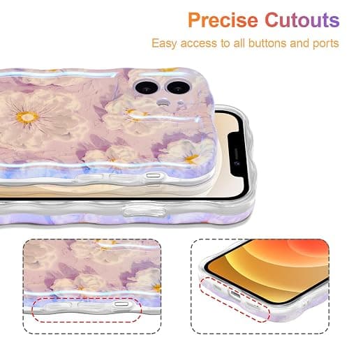 EYZUTAK Case for iPhone 12, Colorful Retro Oil Painting Flower Laser Glossy Pattern Cute Curly Wave Border Exquisite Phone Cover Stylish Durable TPU Protective Case for Girl Women - Light Purple thumbnail 5