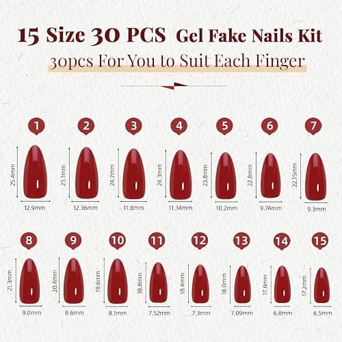 Wine Red Press On Nails Almond - Medium Dard Red Acrylic Nails Press Ons, Glue On Nails for Party Birthday Christmas Gift in 15 Sizes - 30 Fake Nails Kit, Dark Red thumbnail 6