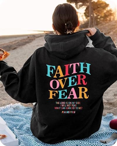 BYSLFMG Faith Over Fear Hoodie Womens Christian Graphic Cute Hoodies Cotton Blend Sweatshirt Casual Tops thumbnail 2