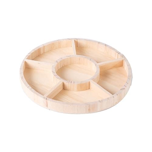 Montessori Wooden 2 Pack Round Tray 6 Section Divided Serving Tray for Appetizers & Snacks Chip & Dip Platter 10'x1' - Image 1