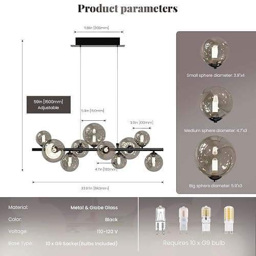 Modern Chrome Linear Chandelier Pendant Light 10-Lights Sputnik Chandelier Glass Pendant Lighting Mid Century Globe Dining Light Fixture for Living Room Kitchen Island, Height Adjustable thumbnail 2