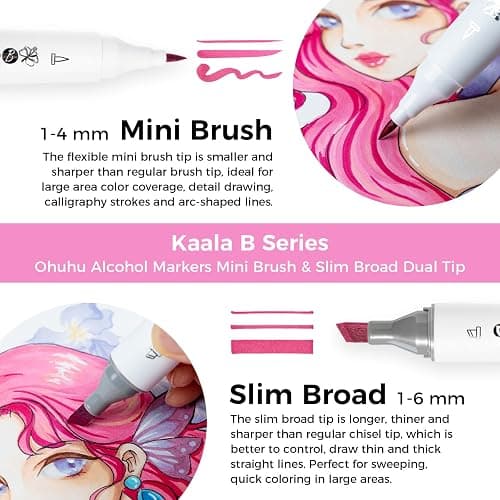 Ohuhu Alcohol Markers: Mini Brush & Slim Broad 60 Illustration Colors Dual Tip Brush Tip Alcohol-based Art Marker for Artists Adults Coloring Illustration- Refillable - Kaala B Series of Ohuhu Markers thumbnail 3