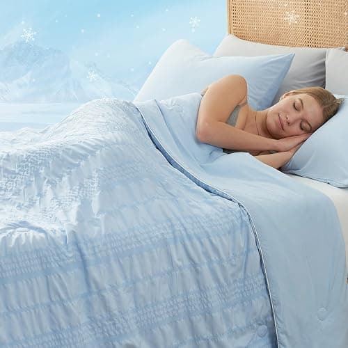 Cozy Bliss Seersucker Cooling Comforter Queen Size, Q-Max 0.45 Reversible Lightweight Cooling Blanket, Breathable Silk Smooth Summer Bedding Quilt for Hot Sleepers Night Sweats Cold Blue thumbnail 3