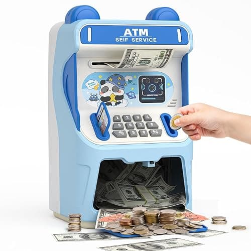 Rabbit ATM Piggy Bank for Girls with Automatic Bill Roller, Electronic Coin Bank with Simulated Card Slot & Facial Recognition, ATM Money Saving Box with Music Function for Kids(Blue) - Image 1
