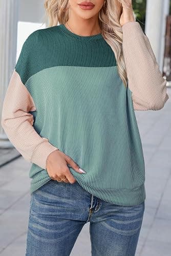 Dokotoo Womens Tops Fashion 2025 Color Block Long Sleeve Shirts Crewneck Knitted Casual Loose Pullover Blouses thumbnail 4