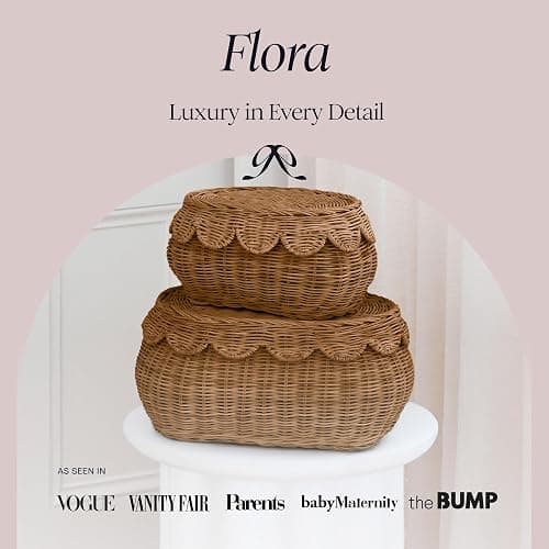 BEBE BASK The Original Scalloped Basket Set Of 2 - Small Scallop Basket - 15 x 10 x 6 In - Hand-Woven & Award-Winning - Elegant Wicker With Scalloped Edge Lid - Nursery Storage - (Mocca) thumbnail 2