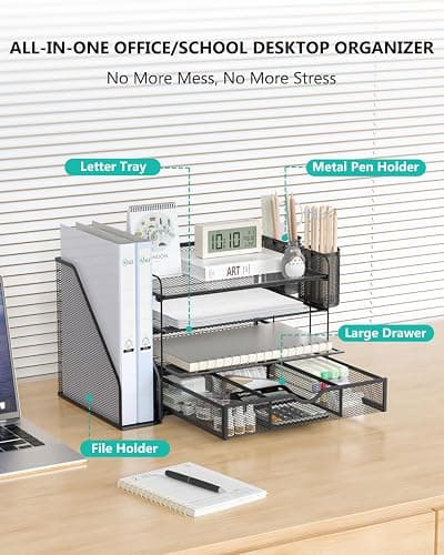 WALI Desk File Organizer, 4 Tier Desktop Paper Letter Tray Organizer with Drawer and 2 Pen Holders, Office Desk Accessories & Workspace Organizers for Office, Home Supplies(DO005DH-B), 1 Pack, Black thumbnail 3