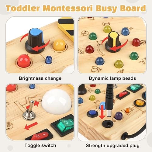 Joyreal Montessori Busy Board Wooden Sensory Toys for Toddler with LED Light Up Switch, Baby Fidget Board Travel Toys for 18+ Months, Boys Girls Birthday, Medium thumbnail 4