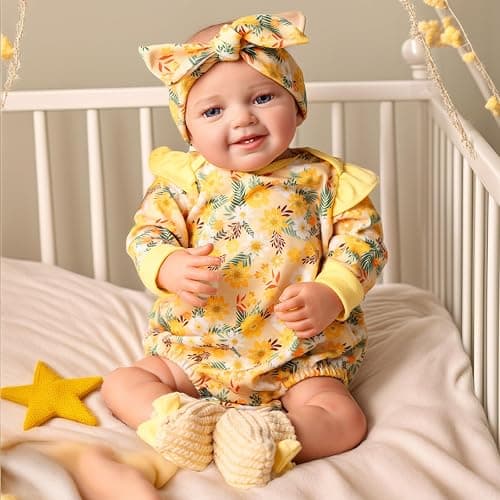 BABESIDE 3 Pcs Reborn Baby Doll Clothes for 17-22 Inch Baby Dolls | Floral Pattern Reborn Doll Clothes with Shoes and Headband for Lifelike Reborn Baby Dolls Accessories, Yellow thumbnail 6